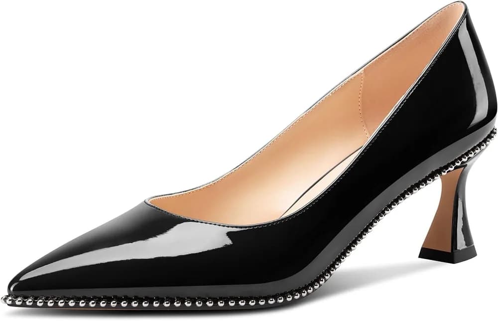 Womens Kitten Heel Pointed Toe Pumps Slip-on Sliver Beaded Prom Wedding Dress Basic Classic Patent Leather Summer 2.6 Inches Heels