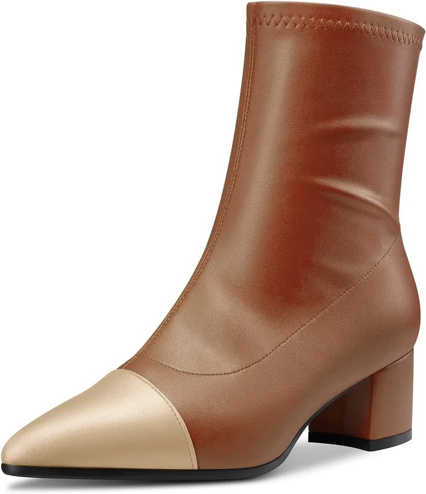 Chunky Block Mid Heel Pointed Cap Toe Ankle Boots Short Bootie Zipper Party Basic Classic 2.0 Inches Heels