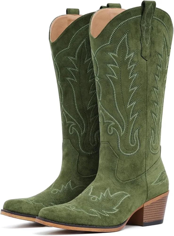Suede Cowboy Boots for Women Western Mid Calf Cowgirl Boots with Embroidered, Retro Snip Toe Fashion Boot With Chunky Block Heel Summer Fall Country Music Festival Cowboy Chic