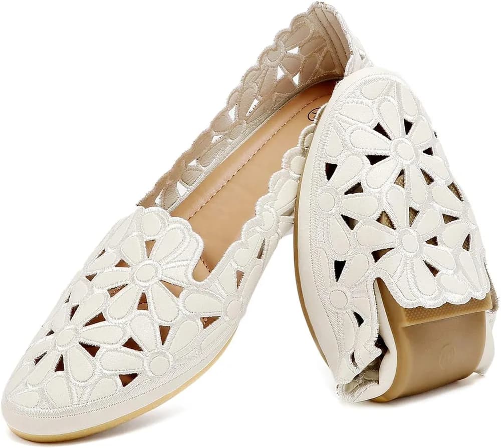 Women's Floral Ballet Flats for Women Black Beige Slip On Flowers PU Leather Round Toe Dress Shoes
