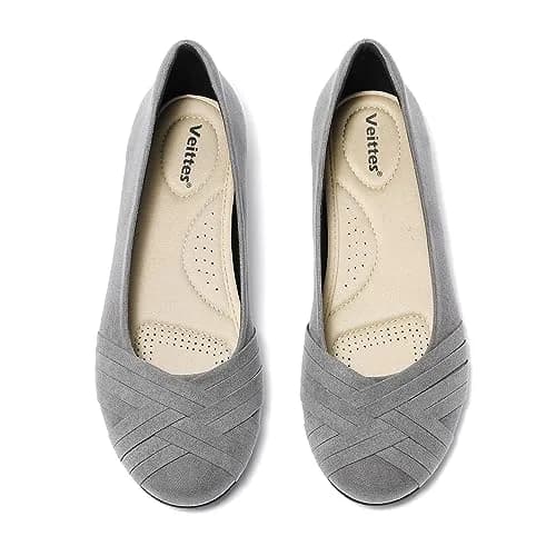 Veittes Women's Wide Width Flat Shoes - Comfortable Slip-on Round Toe Casual Dressy Ballet Flats for Office & Work