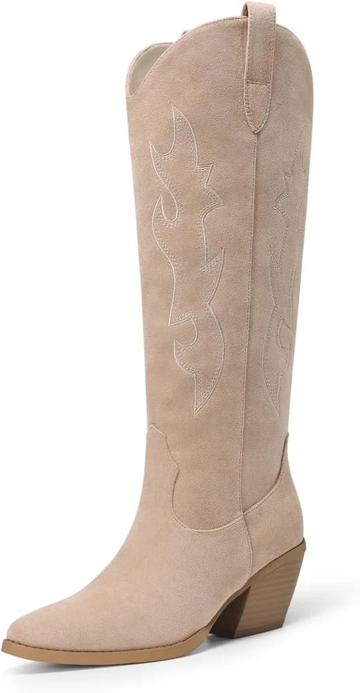 Women's Cowboy Boots Pointed Toe Knee High Cowgirl Boots Block Heel Suede Western Tall Boots for Music Festival Party