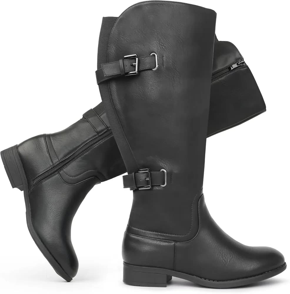 Women's Classic Wide Calf Double Buckle Back Stretch Knee High Flat Heel Boots