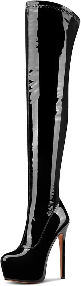 Patent Leather Over The Knee Stiletto Boots Platform Thigh High Boots Round Toe Side Zipper Sexy Dress High Heel Boots 5.9 Inches Heels