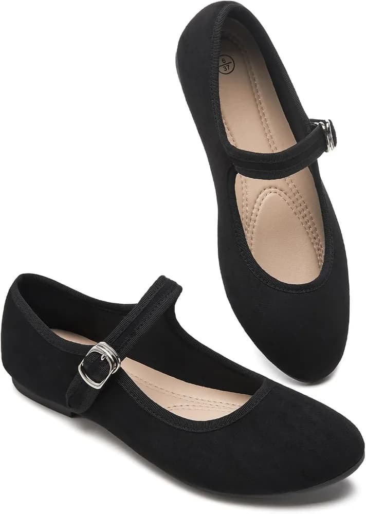 Womens Mary Jane Flats with Strap,Faux Suede Black Flats Shoes,Flats Shoes Women Dressy Comfortable