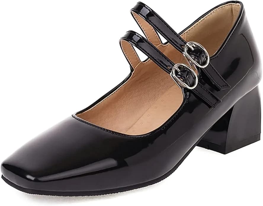 Women Double Instep Strap Mary Jane Shoes with Square Toe and Thick Heel