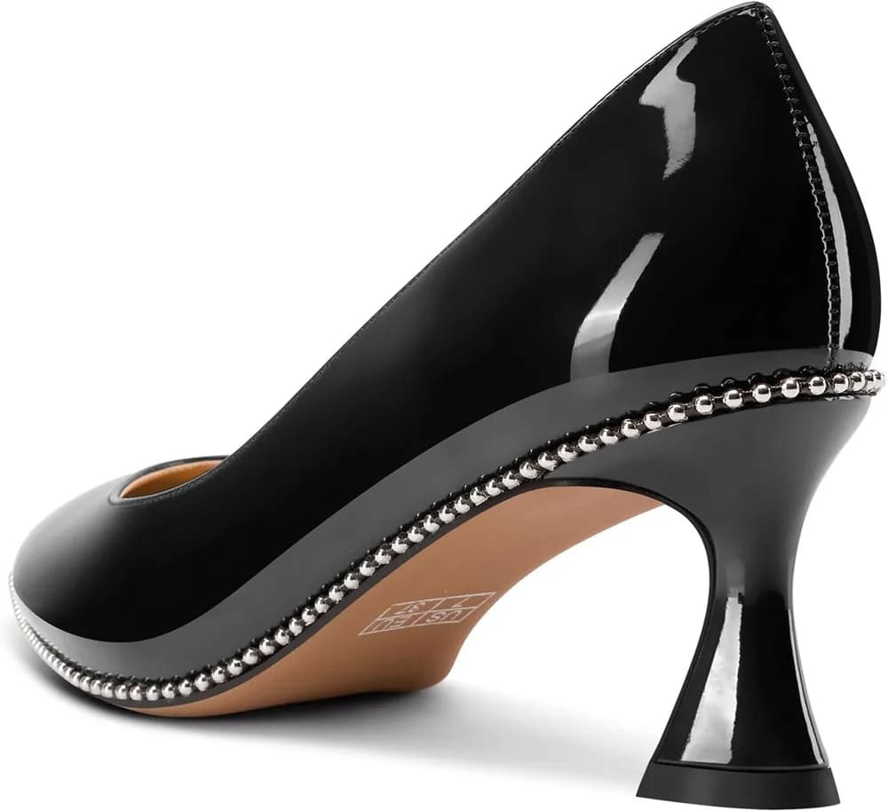 Womens Kitten Heel Pointed Toe Pumps Slip-on Sliver Beaded Prom Wedding Dress Basic Classic Patent Leather Summer 2.6 Inches Heels