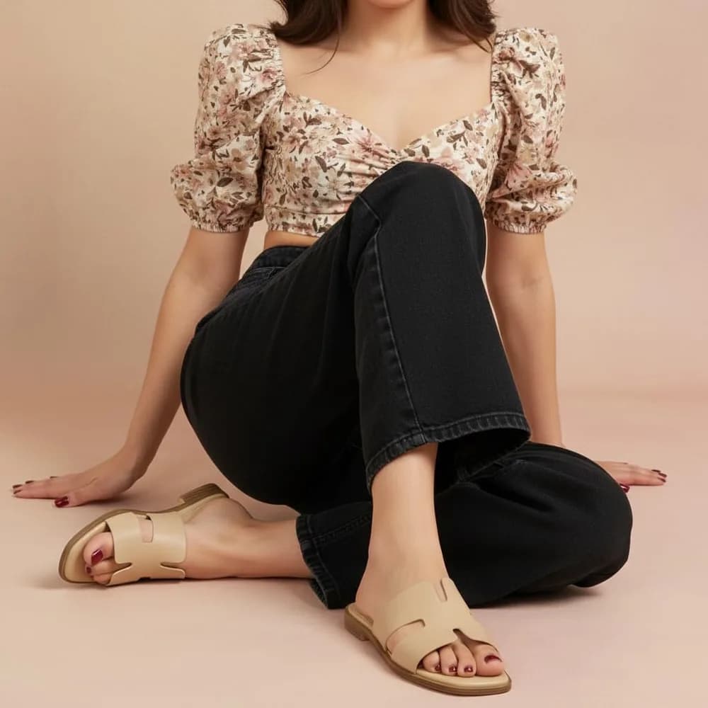 Voyage Cutout Strap Slides for Women, Slip On Summer Flats, Trendy Footwear, Memory Foam Vegan Leather Comfortable Vacation Style Sandals