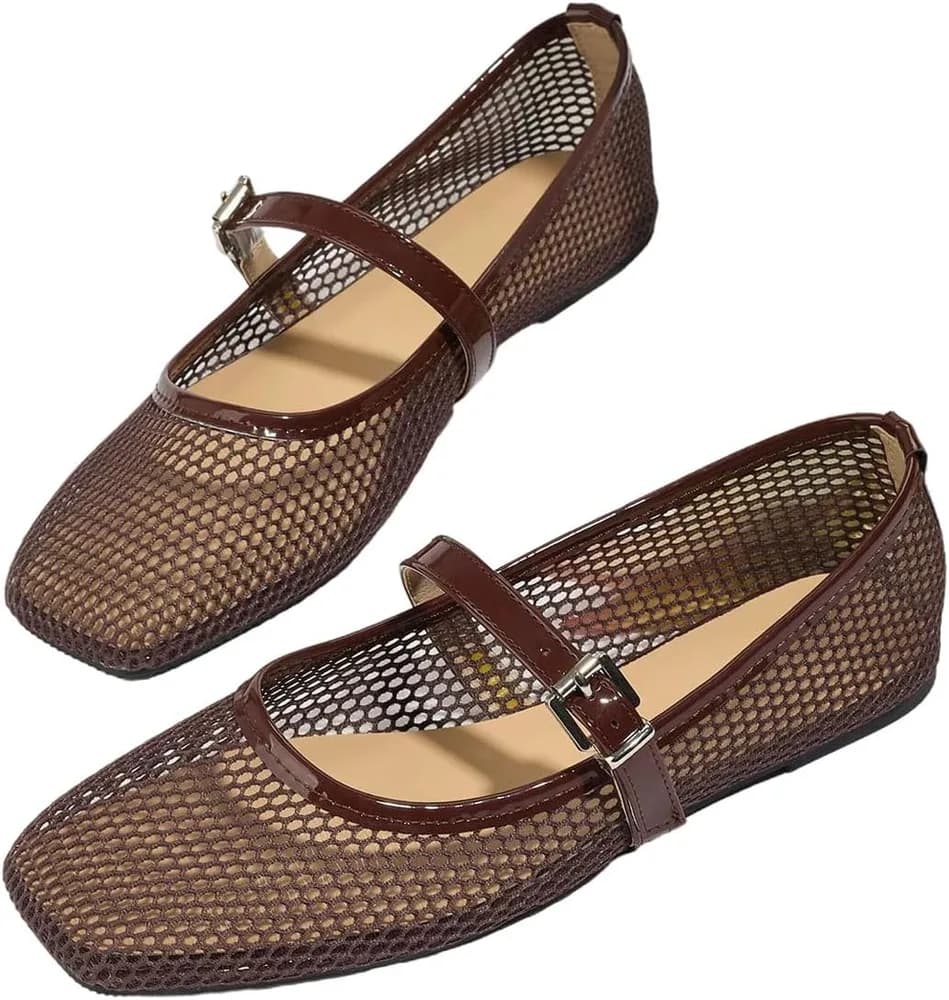 Women's Lace Mesh Ballet Flats Shoes Square Closed Toe Shoes Breathable Summer Flats