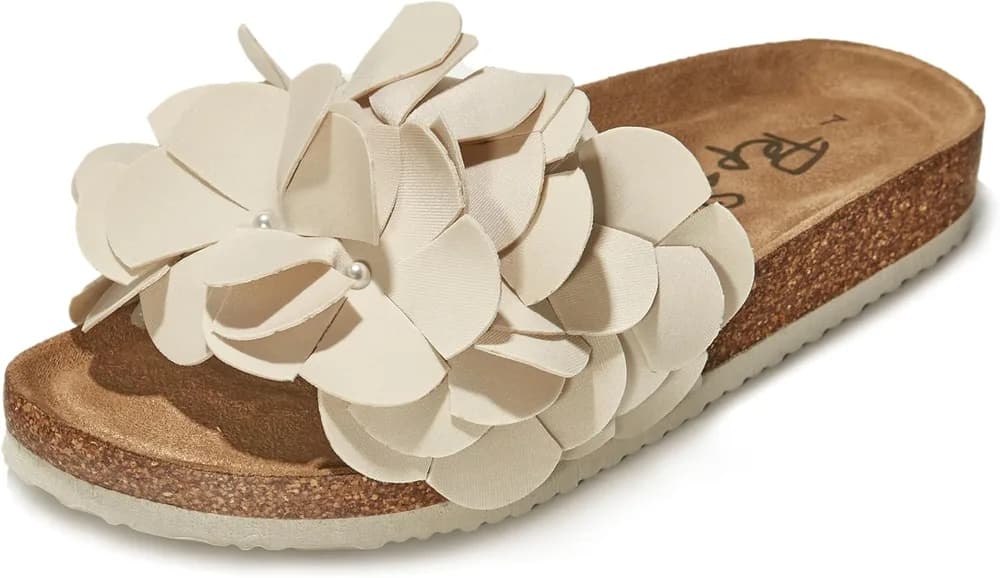 Slide Sandals for Women or Ladies Dressy Summer Casual, Cute Bow Tie Knot On Top Strap, Comfy Slip On Cork Foot Bed