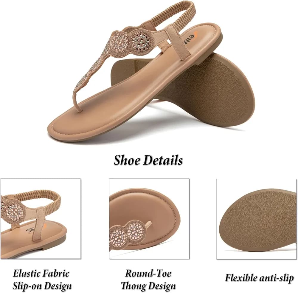 Women's Bohemian Bling Flat Slide Sandals - Casual Summer Thong Sandals with Rhinestone Decor, Rubber Sole, Lightweight & Comfortable Ankle StrapThong Summer Sandals.