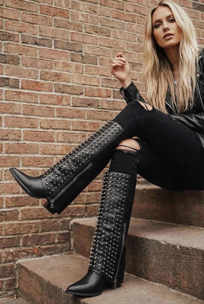 Studded Knee-High Shark Boots for Women – Rivet Punk Rock Leather Boots, Pointed Toe, Wedge Heel