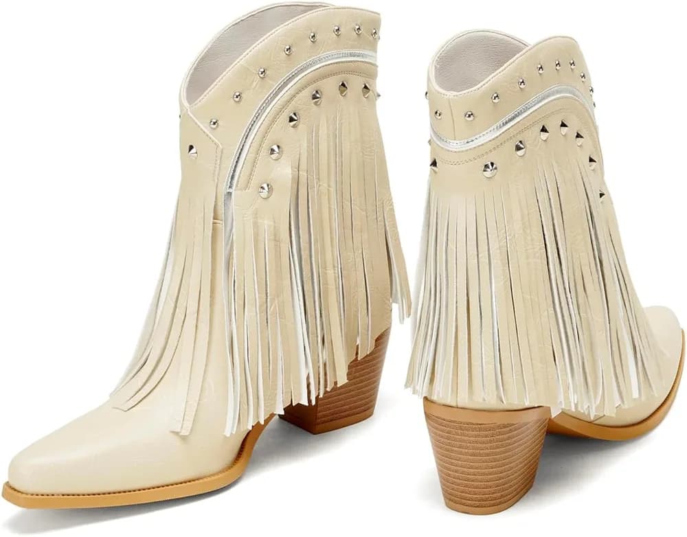 Women's Western Ankle Booties Pointed Toe Cowgirl Boots with Fringe Tassels or Sparkly Rhinestone Fashion Short Boots for Casual Daily Wear