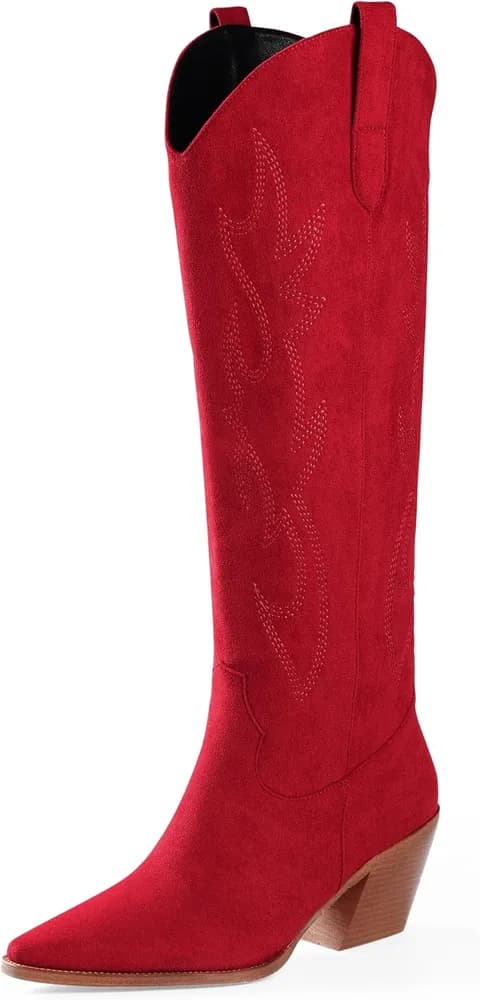 Cowgirl Boots Women Knee High Boots Pointed Toe and Block Heel Cowboy Suede and Faux Leather Boots with Embroidered