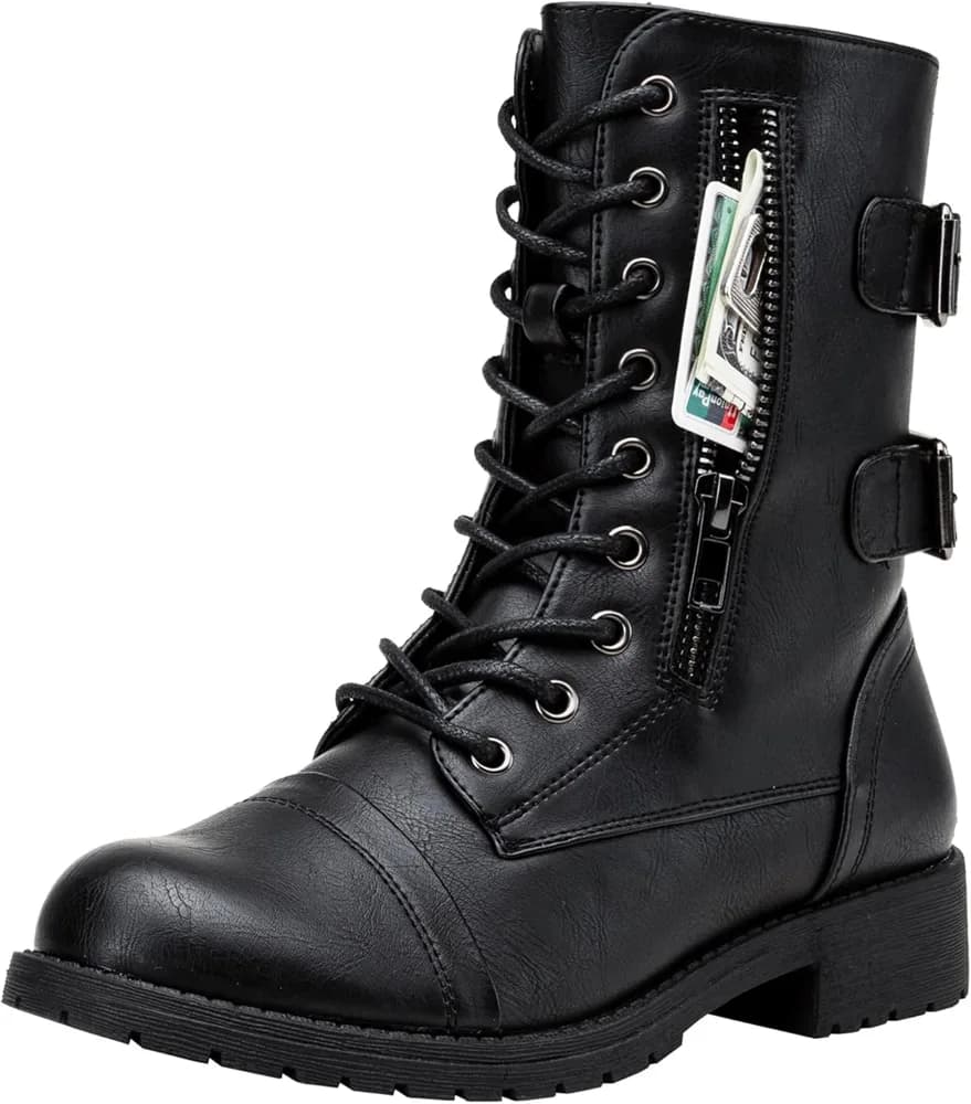 Women's Combat Boots Low Heel, Mid Calf Military Boots with Card Knife Wallet Pocket