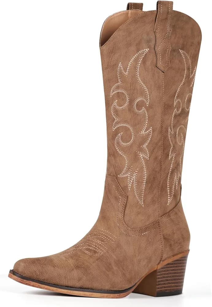 Cowboy Boots For Women Western Cowgirl Boots Mid Calf Snip Toe Boot With Chunky Heel