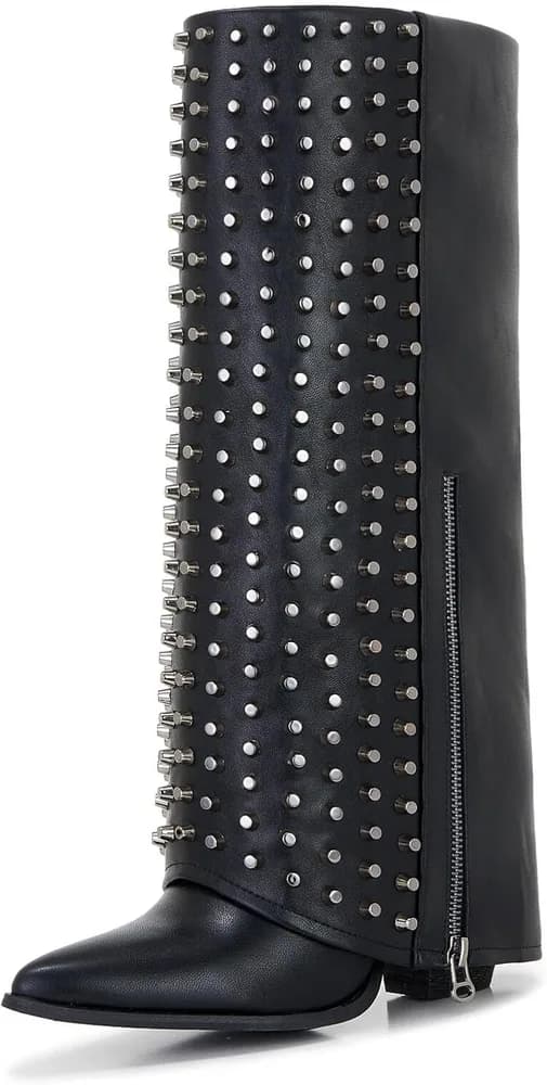 Studded Knee-High Shark Boots for Women – Rivet Punk Rock Leather Boots, Pointed Toe, Wedge Heel