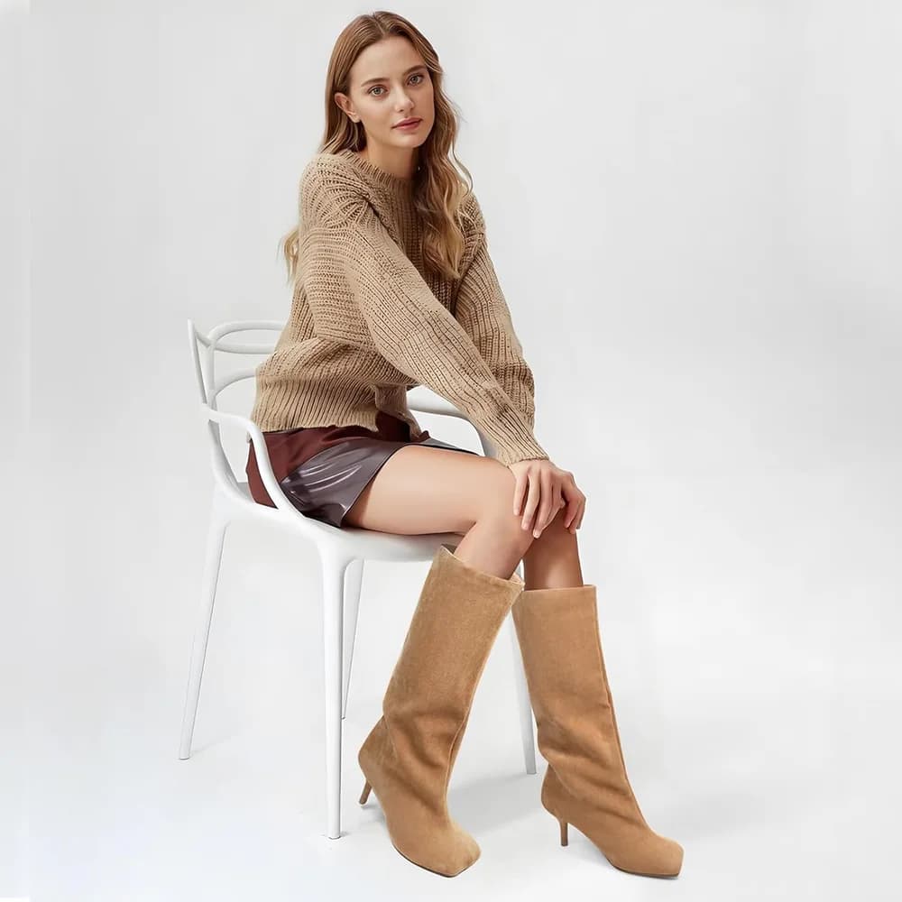 Women's Suede Knee High Boots Square Toe Stiletto Heels Wide Calf Tall Boots
