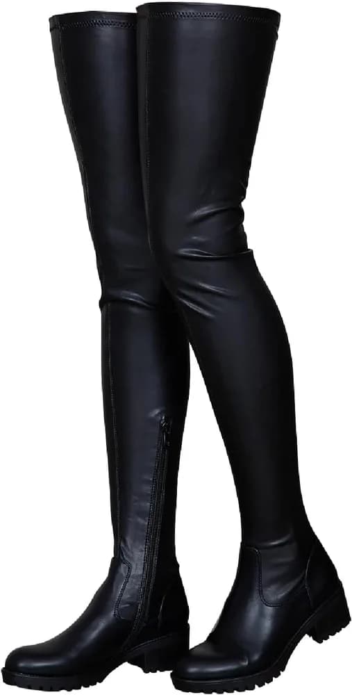 Knee High Boots Women Thigh High Over Knee Stretch Fashion Low Chunky Heel Round Toe Zipper Winter Boots Black Red US4.5-14