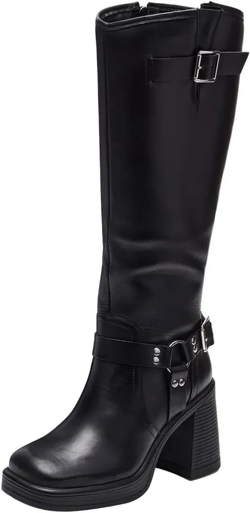 Women Plarform Square Toe Knee High Boots Chunky Block High Heel Riding Boots Fashion Buckles Side Zipper Shoes Size 4-16 US