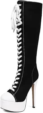 Women's Fashion Canvas Knee High Stiletto Boots Round Toe Lace-up Platform Heels Club Party Booties