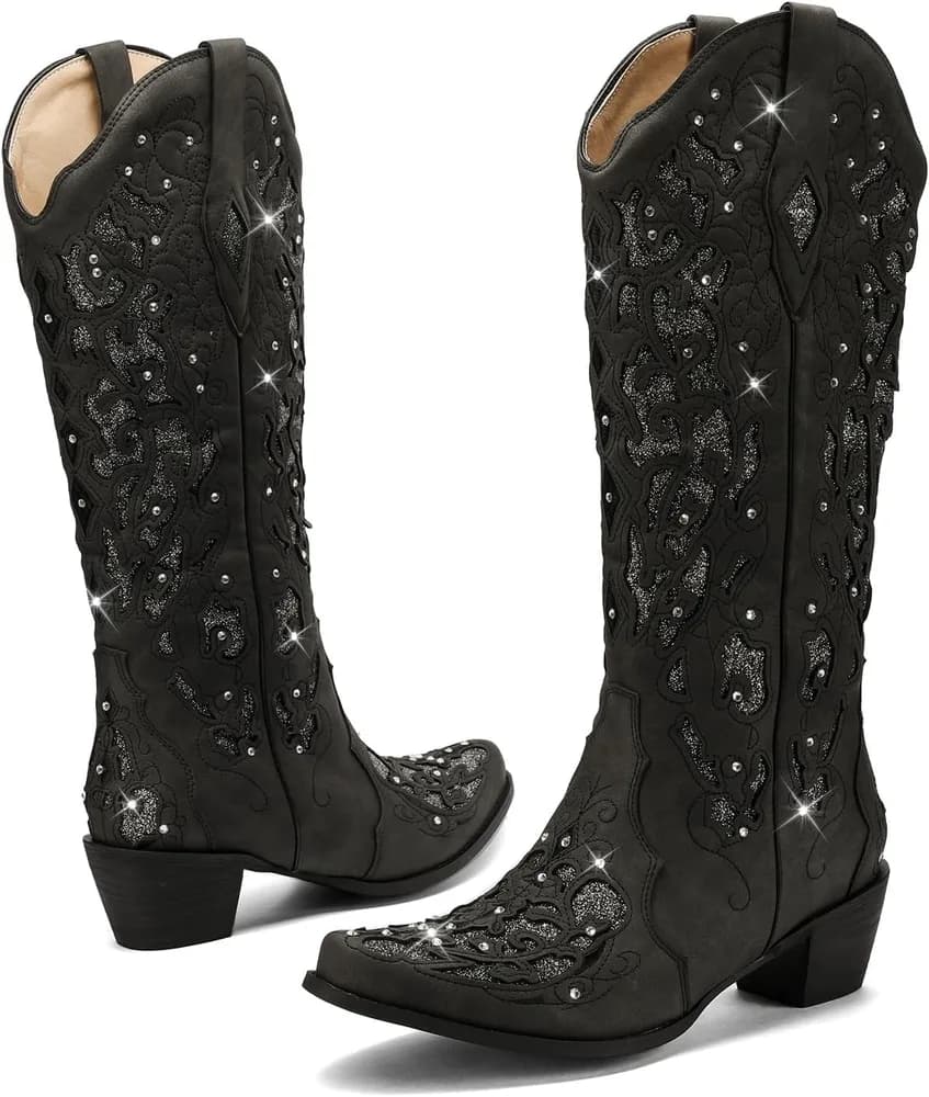 Cowboy Boots for Women, Mid Calf Cowgirl Boot Rhinestone, Comfortable Chunky Heel Western Boot with Glitter, Sparkle Boot for Dressy Woman