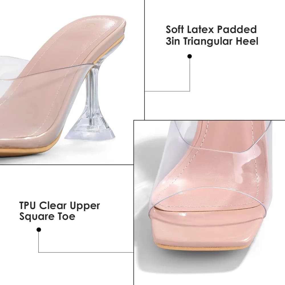 Women's Clear Heeled Sandals Square Toe Transparent Stiletto Mules Open Toe Slip on Dress Shoes