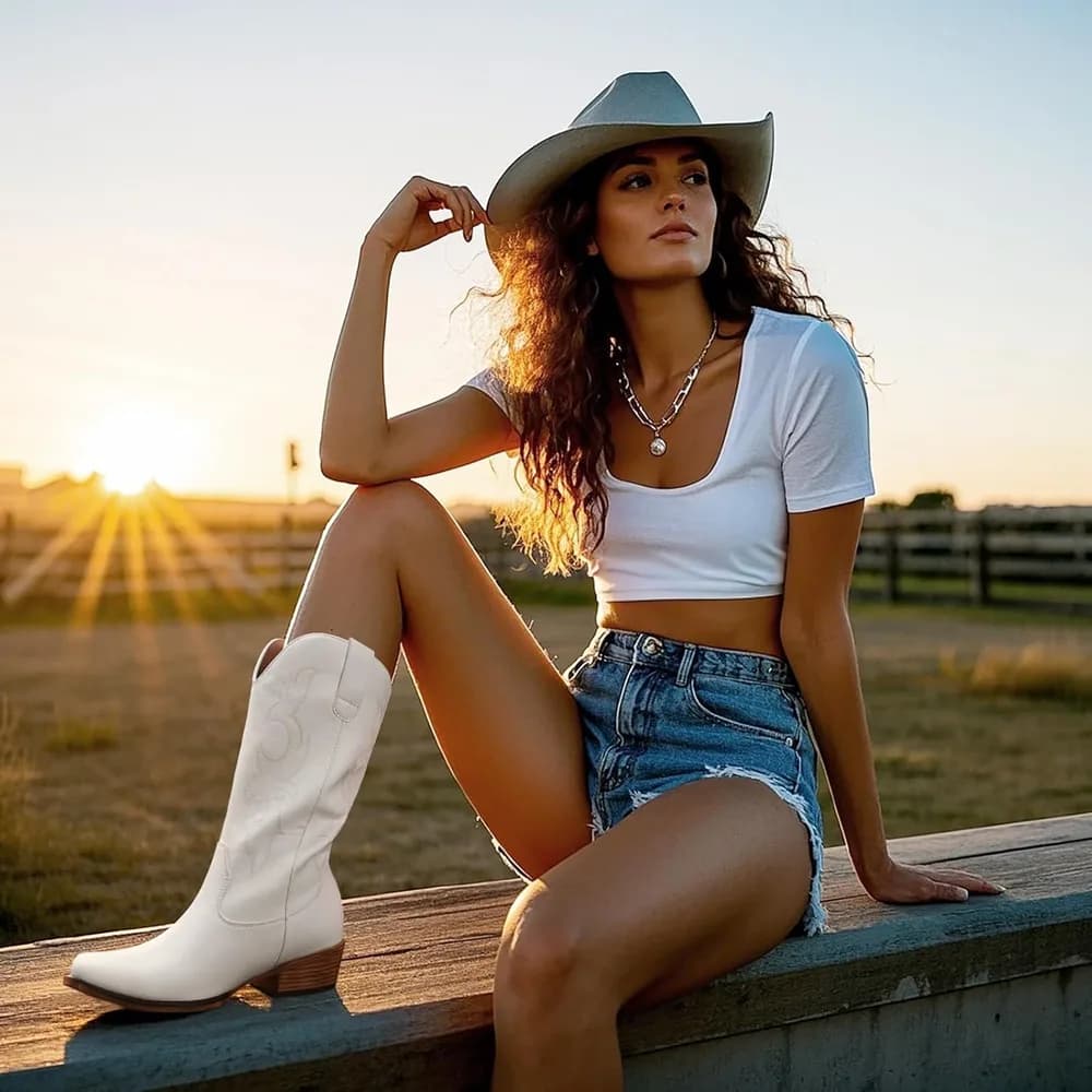 Cowboy Boots for Women - Embroidered Cowgirl Boots Western Mid Calf Fashion Chunky Heel Pointed Toe Country Boot
