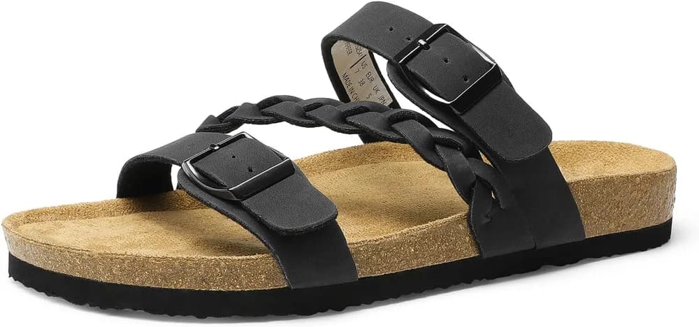 Women's Slides Soft Cork Footbed Sandals Comfortable Walking Slip-on Flat Sandals Arch Support Adjustable Buckle Braided Straps Slippers