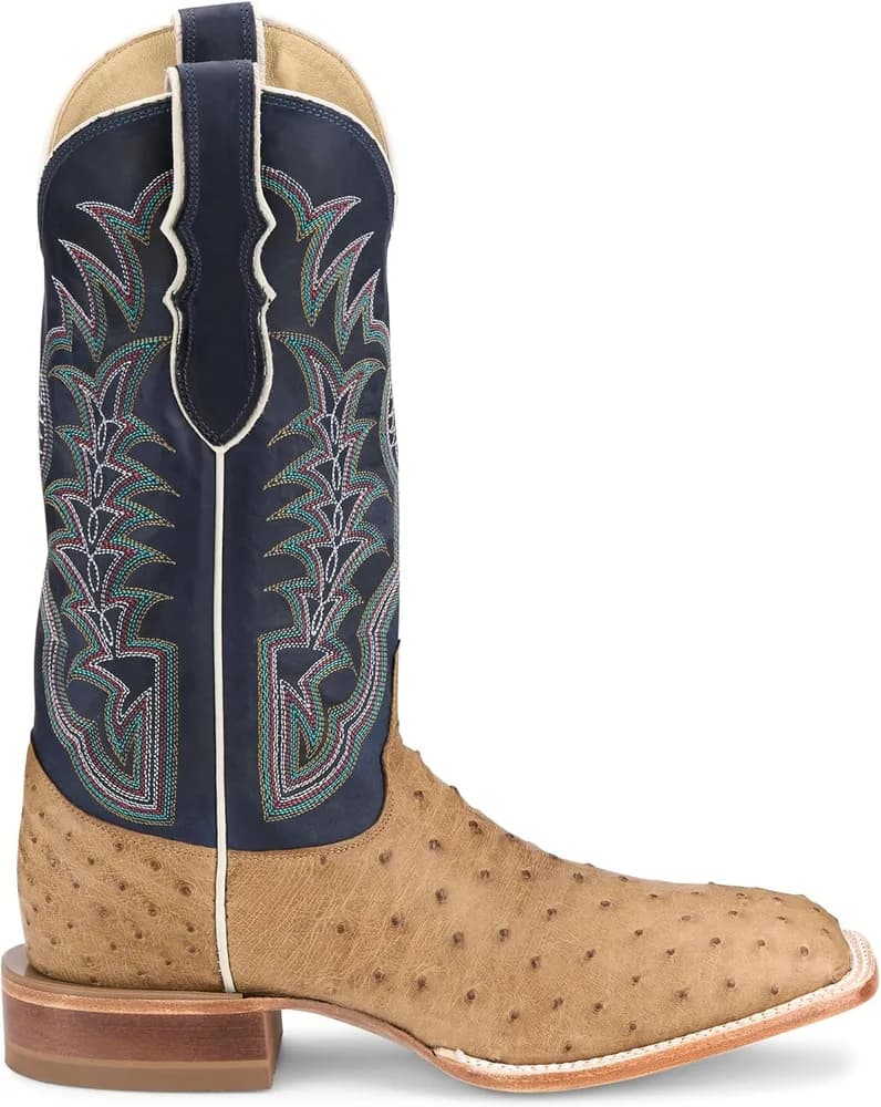 Boot Company Men`s Chisolm Tan Full Quill Ostrich 13in Navy Blue Cowhide Top