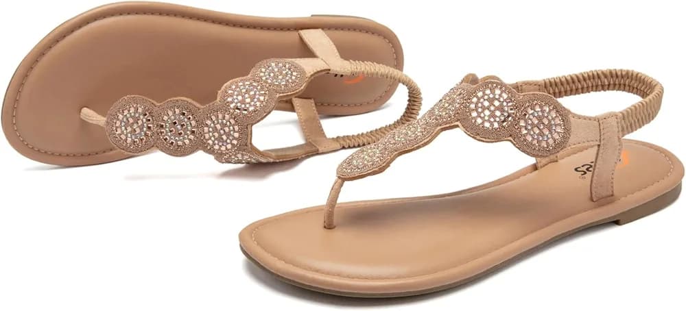 Women's Bohemian Bling Flat Slide Sandals - Casual Summer Thong Sandals with Rhinestone Decor, Rubber Sole, Lightweight & Comfortable Ankle StrapThong Summer Sandals.