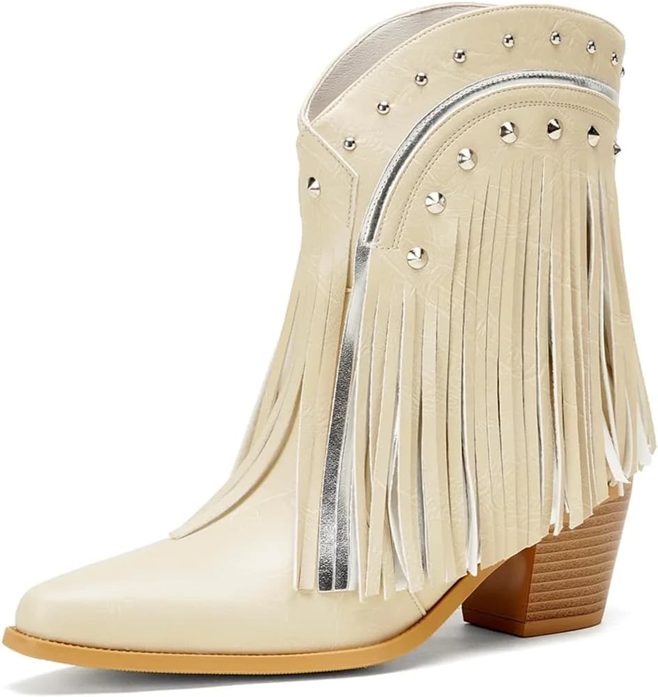Women's Western Ankle Booties Pointed Toe Cowgirl Boots with Fringe Tassels or Sparkly Rhinestone Fashion Short Boots for Casual Daily Wear