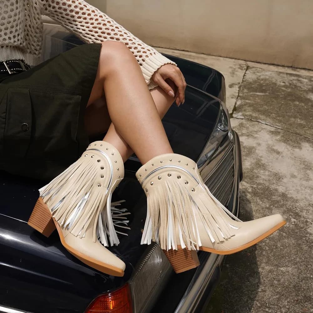 Women's Western Ankle Booties Pointed Toe Cowgirl Boots with Fringe Tassels or Sparkly Rhinestone Fashion Short Boots for Casual Daily Wear