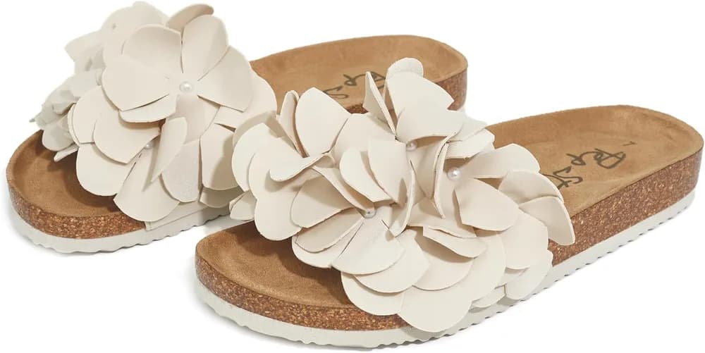Slide Sandals for Women or Ladies Dressy Summer Casual, Cute Bow Tie Knot On Top Strap, Comfy Slip On Cork Foot Bed