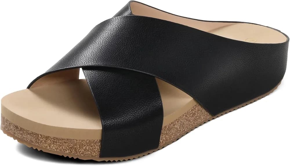 Women's Cork Slide Sandals Slip On Open Toe Cute Platform Cross Flat Sandals For Summer