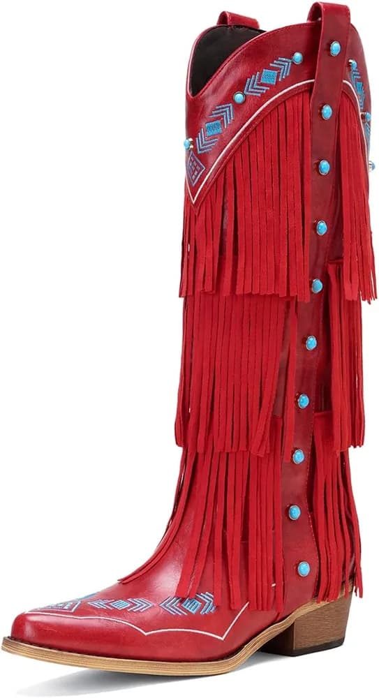 Women's Cowboy Boots with Knee High Triple Layer Fringe & Blue Gemstones | Western Fringe Cowgirl Boots | Embroidered Tassel Boots for Women