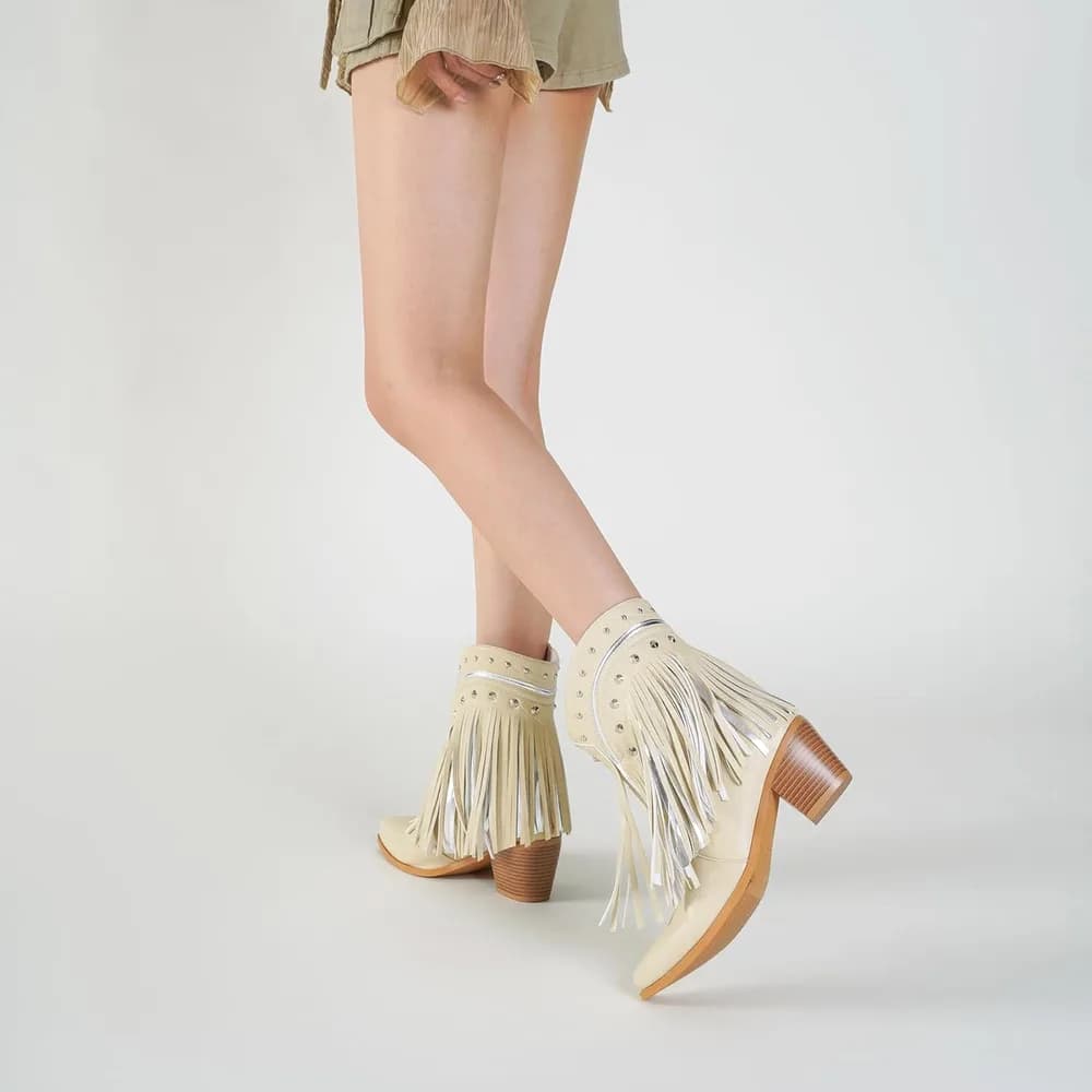 Women's Western Ankle Booties Pointed Toe Cowgirl Boots with Fringe Tassels or Sparkly Rhinestone Fashion Short Boots for Casual Daily Wear