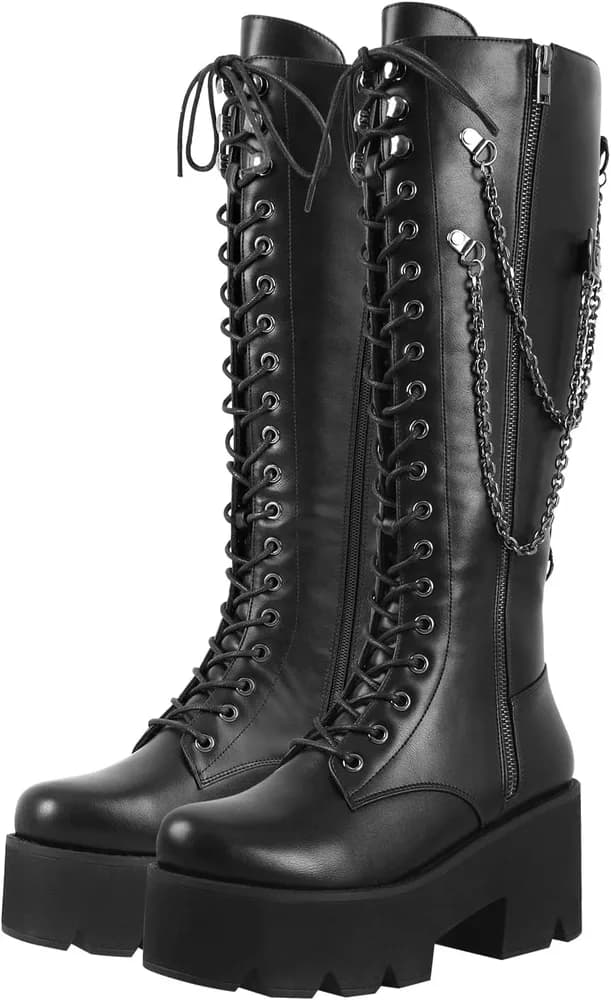 Women's Platform Boots Motorcycle Punk Combat Gothic Lace Up Zipper Knee High Black Boots