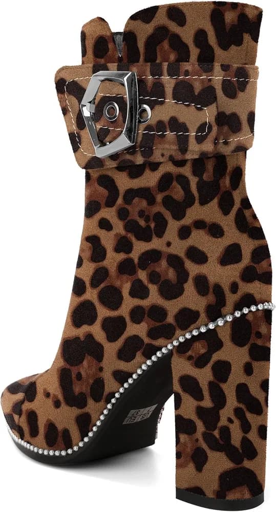 Womens Boots Ankle Chunky Heel Pointed Toe Beaded High Heeled Fall Short Booties