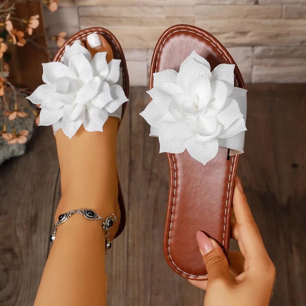 Women's Round Toe Flower Flat Sandals, Soft Slides Open-Toe Summer Slippers