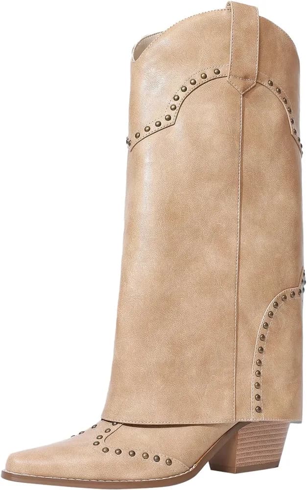 Women Shark Boots Knee High Cowboy Cowgirl Fold Over Chunky Heel Snip Toe Pull On Studded Boots for Women