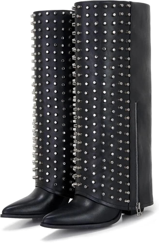 Studded Knee-High Shark Boots for Women – Rivet Punk Rock Leather Boots, Pointed Toe, Wedge Heel