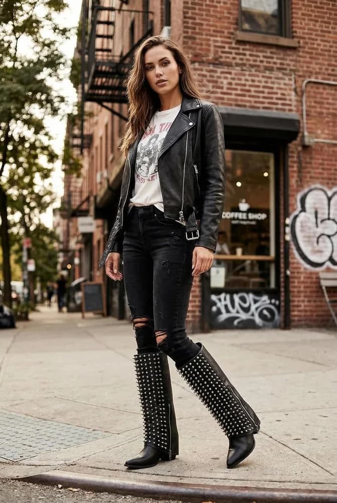 Studded Knee-High Shark Boots for Women – Rivet Punk Rock Leather Boots, Pointed Toe, Wedge Heel