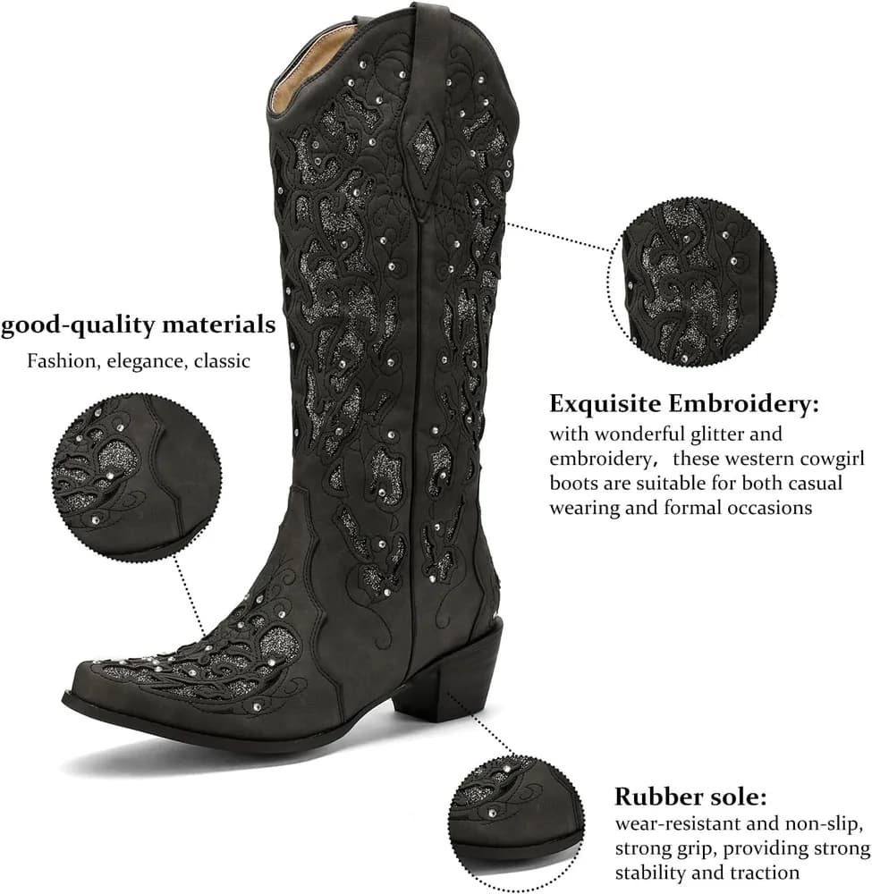 Cowboy Boots for Women, Mid Calf Cowgirl Boot Rhinestone, Comfortable Chunky Heel Western Boot with Glitter, Sparkle Boot for Dressy Woman