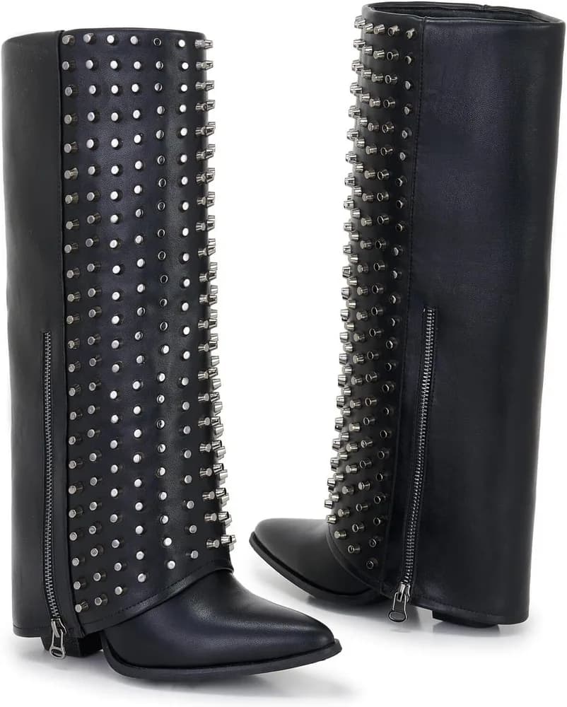 Studded Knee-High Shark Boots for Women – Rivet Punk Rock Leather Boots, Pointed Toe, Wedge Heel