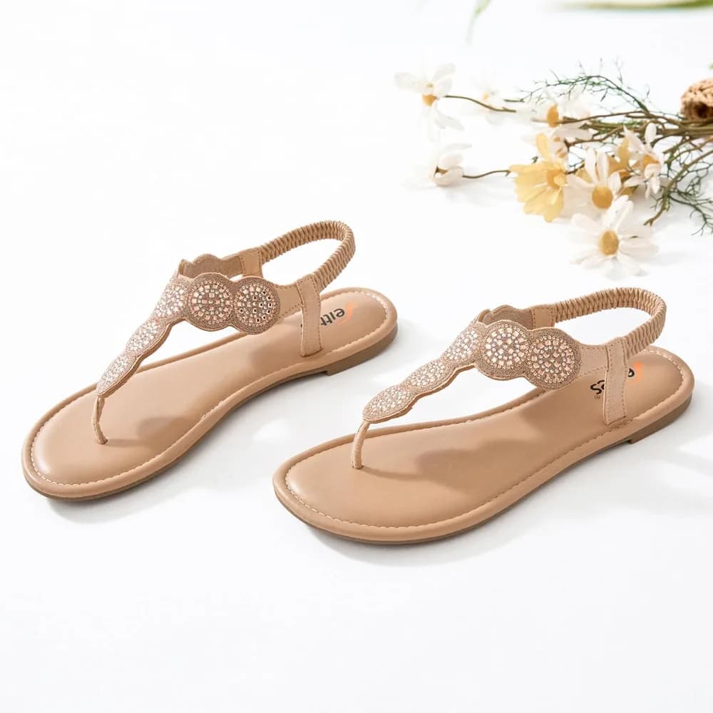 Women's Bohemian Bling Flat Slide Sandals - Casual Summer Thong Sandals with Rhinestone Decor, Rubber Sole, Lightweight & Comfortable Ankle StrapThong Summer Sandals.