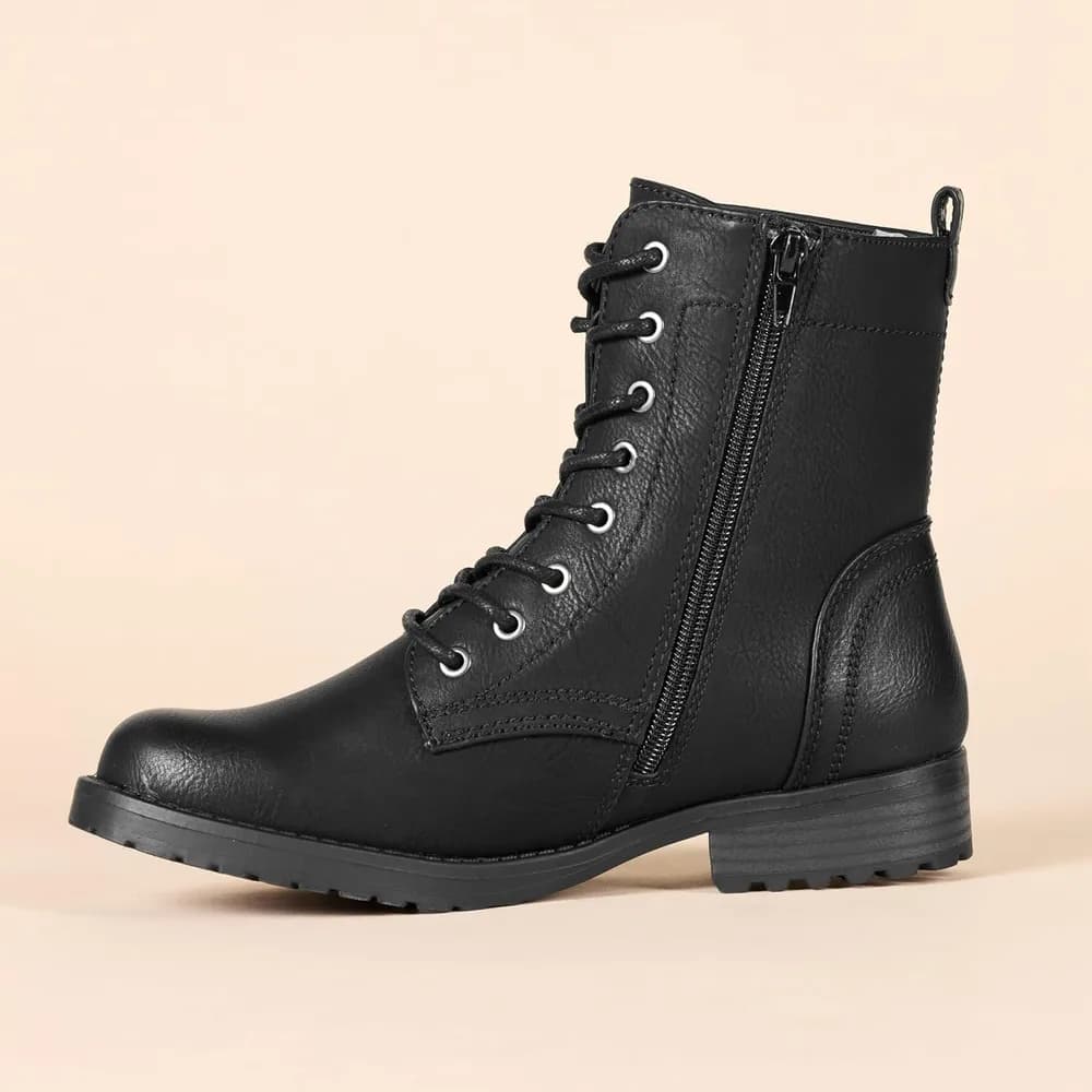 Women's Lace-Up Combat Boots with Lug Sole and Side Zipper