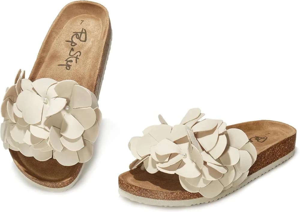 Slide Sandals for Women or Ladies Dressy Summer Casual, Cute Bow Tie Knot On Top Strap, Comfy Slip On Cork Foot Bed