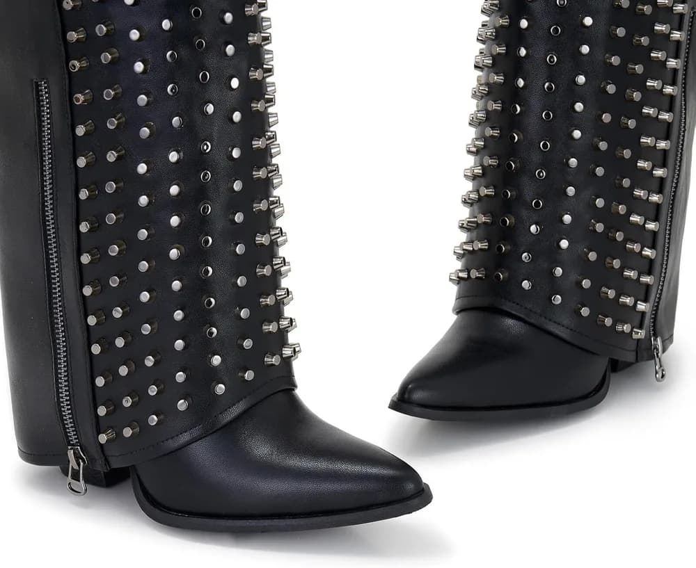 Studded Knee-High Shark Boots for Women – Rivet Punk Rock Leather Boots, Pointed Toe, Wedge Heel