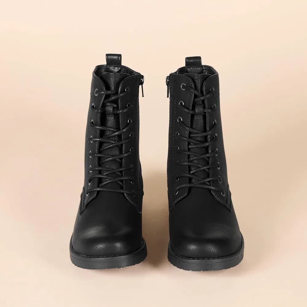 Women's Lace-Up Combat Boots with Lug Sole and Side Zipper